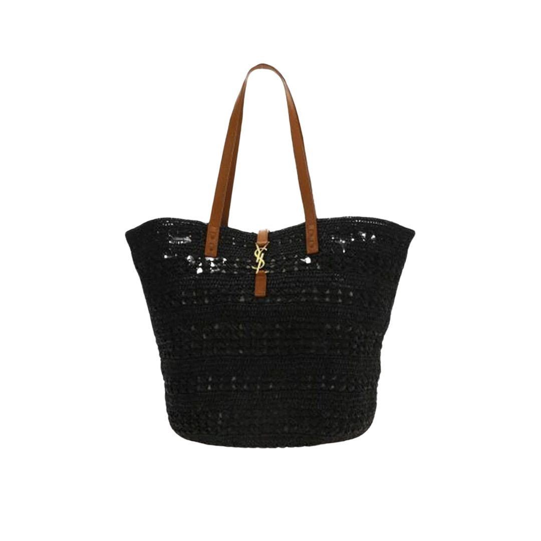 Saint Laurent Black Raffia Tote Bag with Monogram